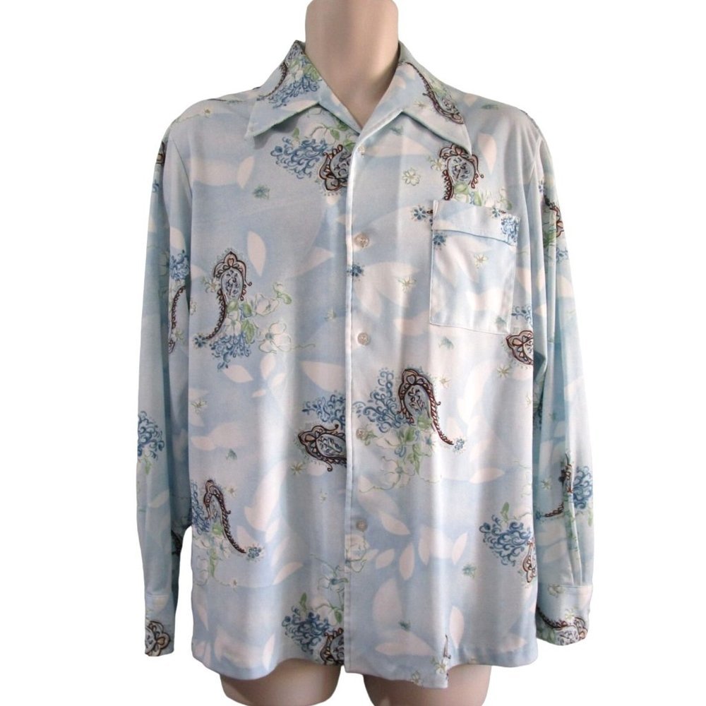 Powder Blue Paisley Print Polyester Lancer California Disco Shirt Mens Lg  EUC